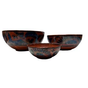 Vintage Handmade Mexican Redware Clay Pottery Serving Bowl Set of 3 Hand Painted